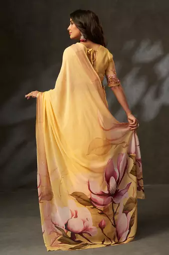 georgette art silk blend digital printed saree with croset work border | unstitched blouse | premium quality