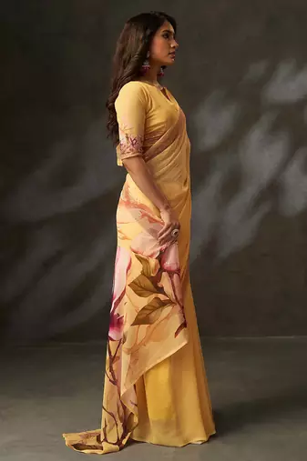 georgette art silk blend digital printed saree with croset work border | unstitched blouse | premium quality