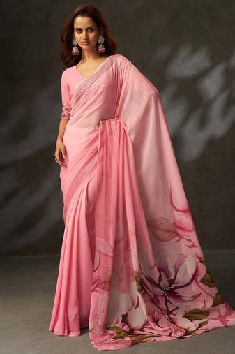 designer digital floral printed georgette art silk saree | croset border work | 5.50 mtr saree + blouse