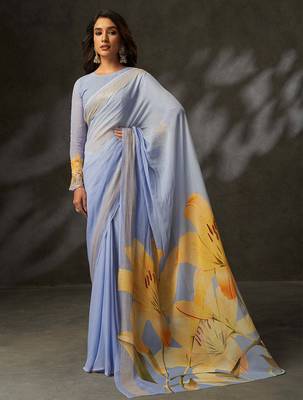 elegant georgette art silk blend saree with crochet work & digital print | supreme quality saree for women 1