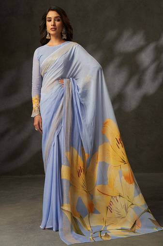 elegant georgette art silk saree with crochet work & digital print | supreme quality saree for women