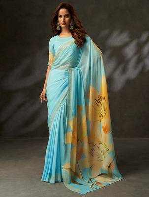 georgette art silk blend digital printed saree with croset work border | unstitched blouse | premium quality 1