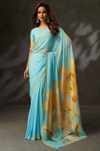 georgette art silk digital printed saree with croset work border | unstitched blouse | premium quality