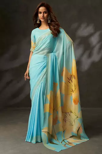 georgette art silk digital printed saree with croset work border | unstitched blouse | premium quality