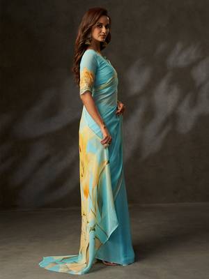 georgette art silk blend digital printed saree with croset work border | unstitched blouse | premium quality 3