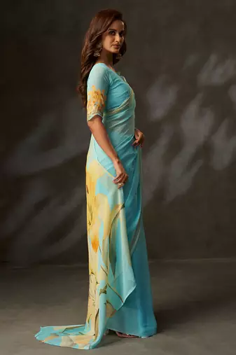 georgette art silk blend digital printed saree with croset work border | unstitched blouse | premium quality