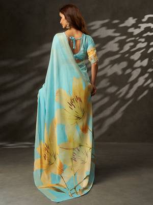 georgette art silk blend digital printed saree with croset work border | unstitched blouse | premium quality 4