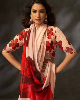 georgette art silk blend digital printed saree with croset work border | unstitched blouse | premium quality 2
