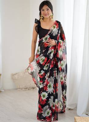 black georgette silk blend printed mirror work border designer saree 1