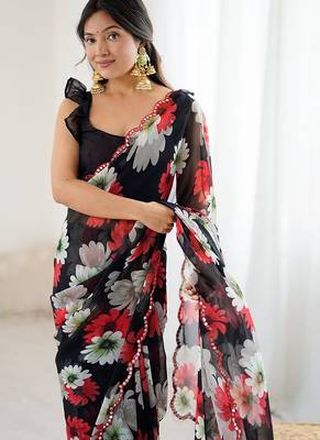 black georgette silk blend printed mirror work border designer saree 2