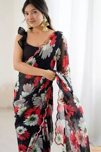 black georgette silk blend printed mirror work border designer saree