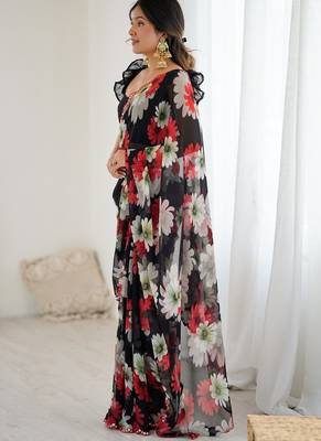 black georgette silk blend printed mirror work border designer saree 3