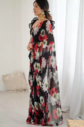black georgette silk blend printed mirror work border designer saree