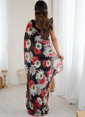 black georgette silk blend printed mirror work border designer saree 4