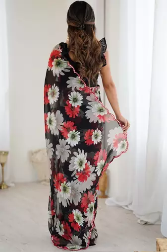 black georgette silk blend printed mirror work border designer saree