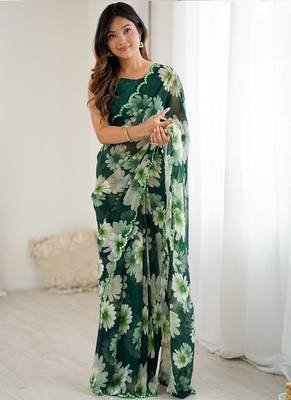 green georgette silk blend printed mirror work border designer saree 1