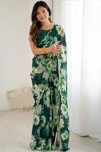 green georgette silk blend printed mirror work border designer saree