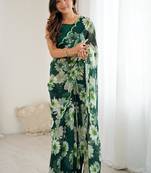 green georgette silk blend printed mirror work border designer saree