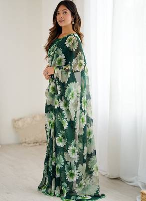 green georgette silk blend printed mirror work border designer saree 2