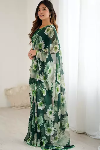 green georgette silk blend printed mirror work border designer saree