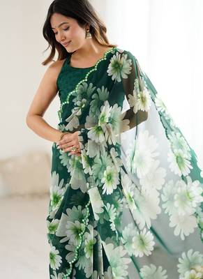 green georgette silk blend printed mirror work border designer saree 3