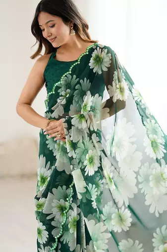 green georgette silk blend printed mirror work border designer saree