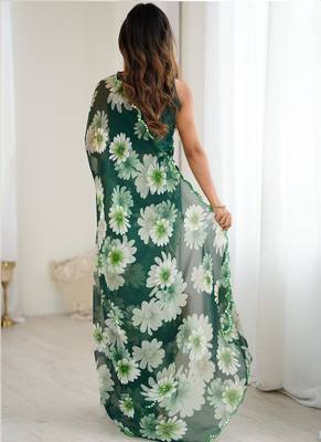 green georgette silk blend printed mirror work border designer saree 4