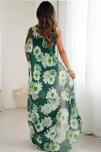 green georgette silk blend printed mirror work border designer saree