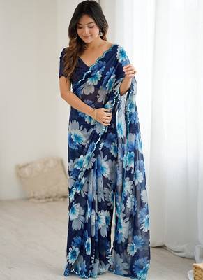 blue georgette silk blend printed mirror work border designer saree 1