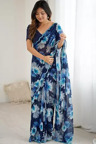 blue georgette silk blend printed mirror work border designer saree