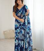 blue georgette silk blend printed mirror work border designer saree