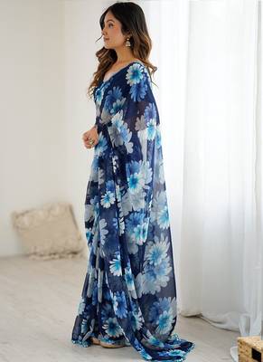 blue georgette silk blend printed mirror work border designer saree 2