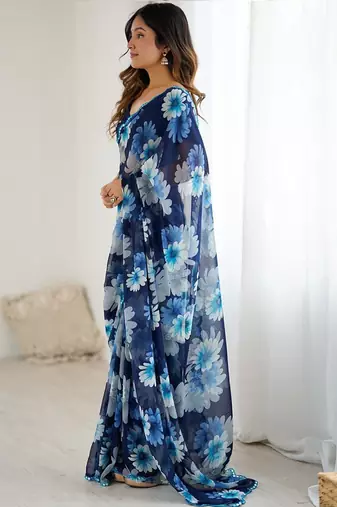 blue georgette silk blend printed mirror work border designer saree
