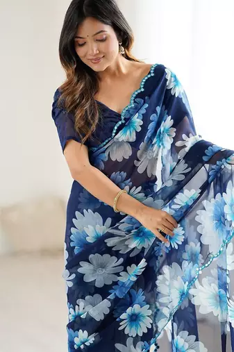 blue georgette silk blend printed mirror work border designer saree