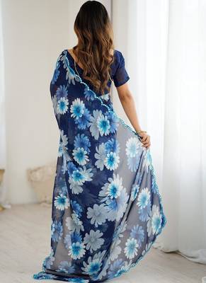 blue georgette silk blend printed mirror work border designer saree 4