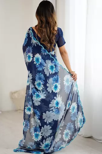 blue georgette silk blend printed mirror work border designer saree