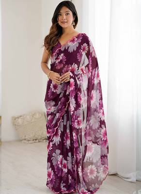 purple georgette silk blend printed mirror work border designer saree 1