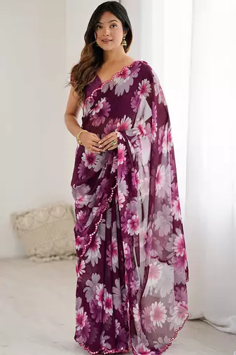 purple georgette silk blend printed mirror work border designer saree