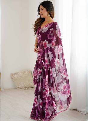 purple georgette silk blend printed mirror work border designer saree 2