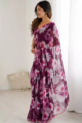 purple georgette silk blend printed mirror work border designer saree