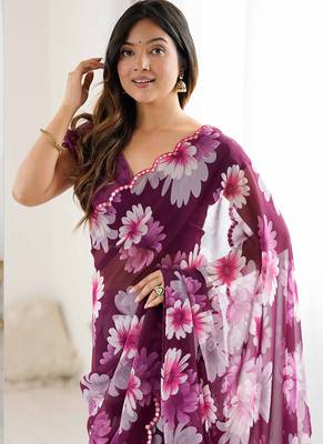 purple georgette silk blend printed mirror work border designer saree 3