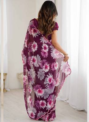 purple georgette silk blend printed mirror work border designer saree 4