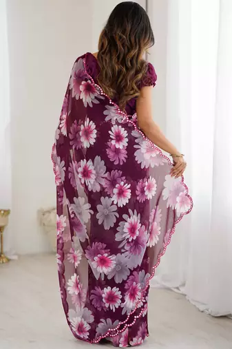 purple georgette silk blend printed mirror work border designer saree