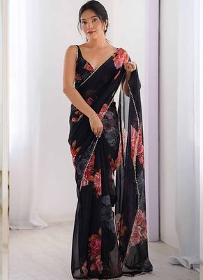 black georgette silk blend printed moti work border designer saree 1
