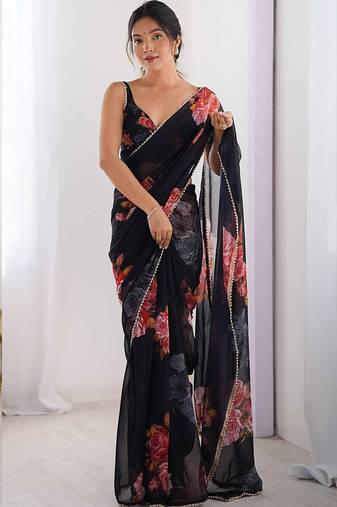 black georgette silk blend printed moti work border designer saree