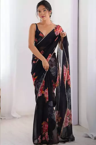 black georgette silk blend printed moti work border designer saree