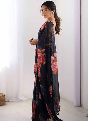 black georgette silk blend printed moti work border designer saree 2