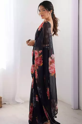 black georgette silk blend printed moti work border designer saree
