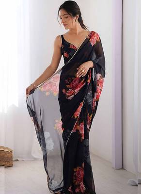 black georgette silk blend printed moti work border designer saree 3