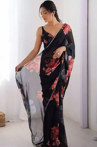 black georgette silk blend printed moti work border designer saree